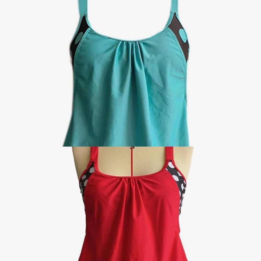 2 Tankini Tops 4xl(fits 2X)Bralette Flattering Blouson Polka Dots Retro Teal Red